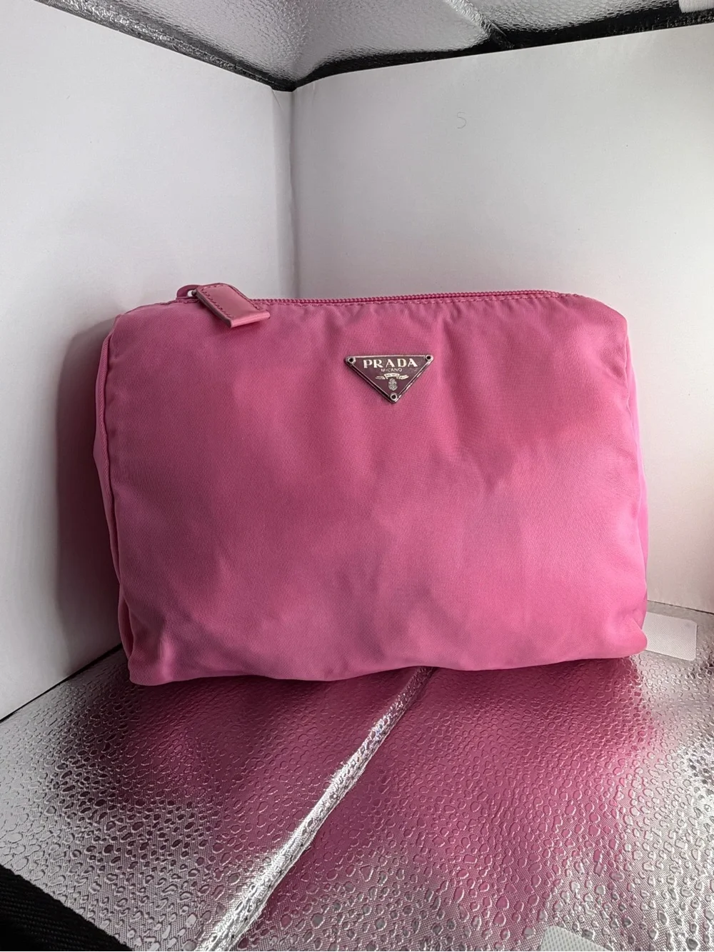 Prada Hot Pink Nylon Cosmetic Pouch with Triangle Logo